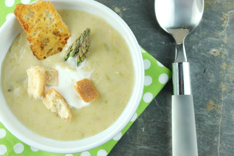 Asparagus and Leek Soup with Cheese Crisps