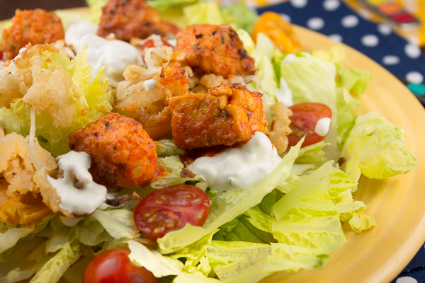 Buffalo Tempeh Salad with Buttermilk Onions @ http://www.tinyredkitchen.com
